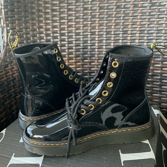 DR.MARTENS WOMENS ZAVALA COMBAT BOOT Black Patent - Picture 7 of 16